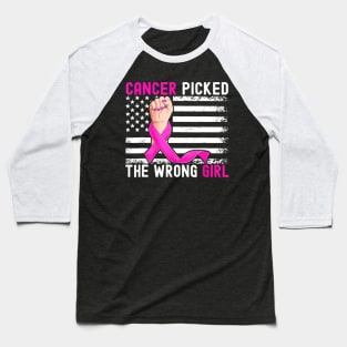 US Flag Cancer Picked The Wrong Girl Breast Cancer Awareness Baseball T-Shirt